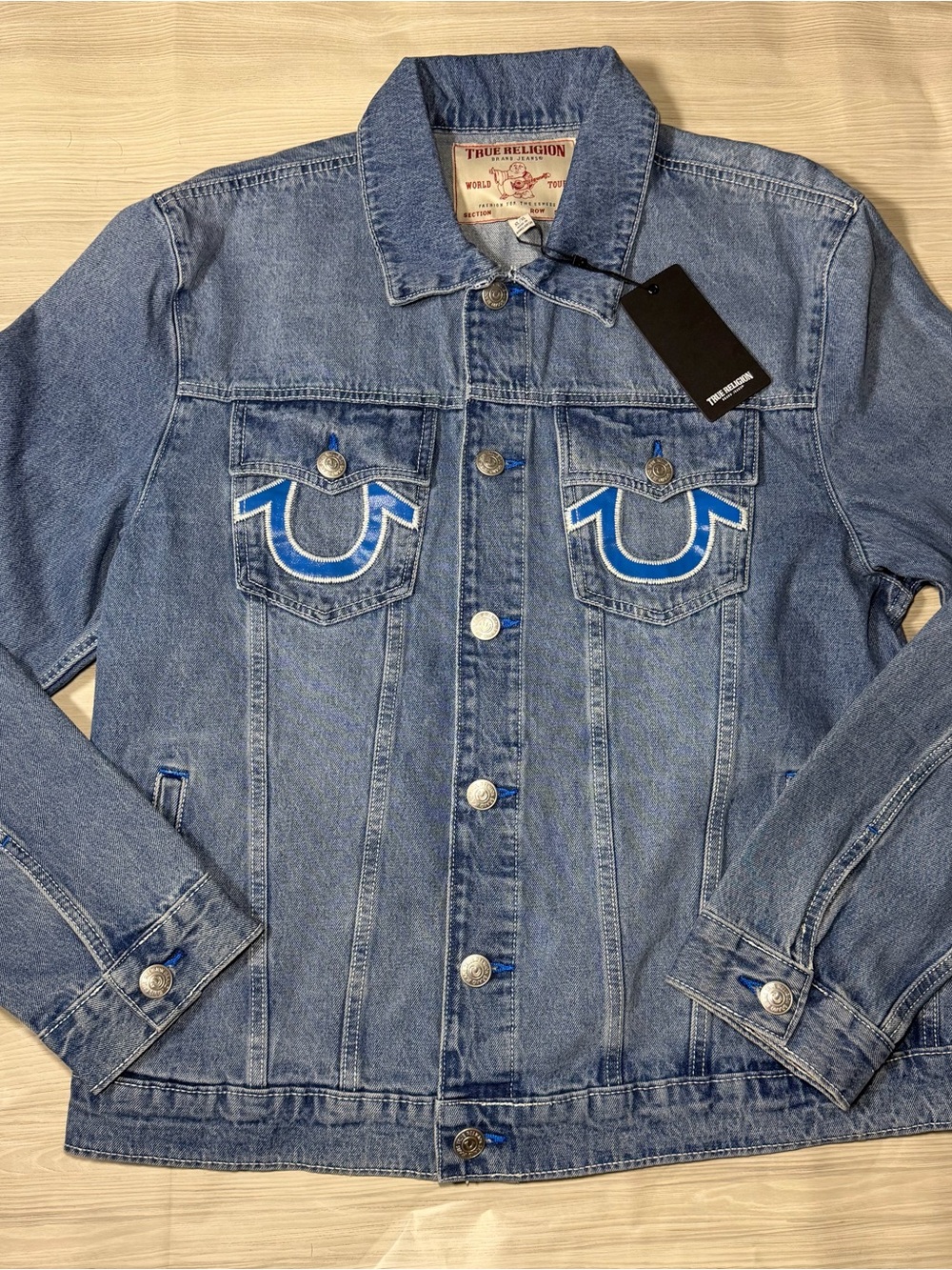 True Religion Men’s Blue Denim Trucker Jacket Embroidered NWT XL Y2K